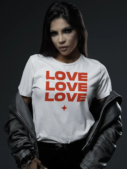 Woman wearing LOVE LOVE LOVE - Women's White Cotton T-Shirt