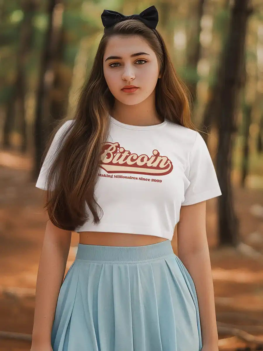 Woman wearing Bitcoin - White Cotton Crop Top