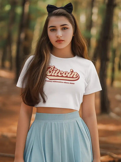 Woman wearing Bitcoin - White Cotton Crop Top
