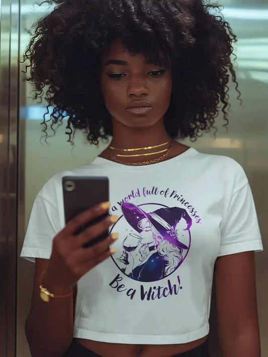 Woman wearing Be a Witch - White  Women's cotton Crop top