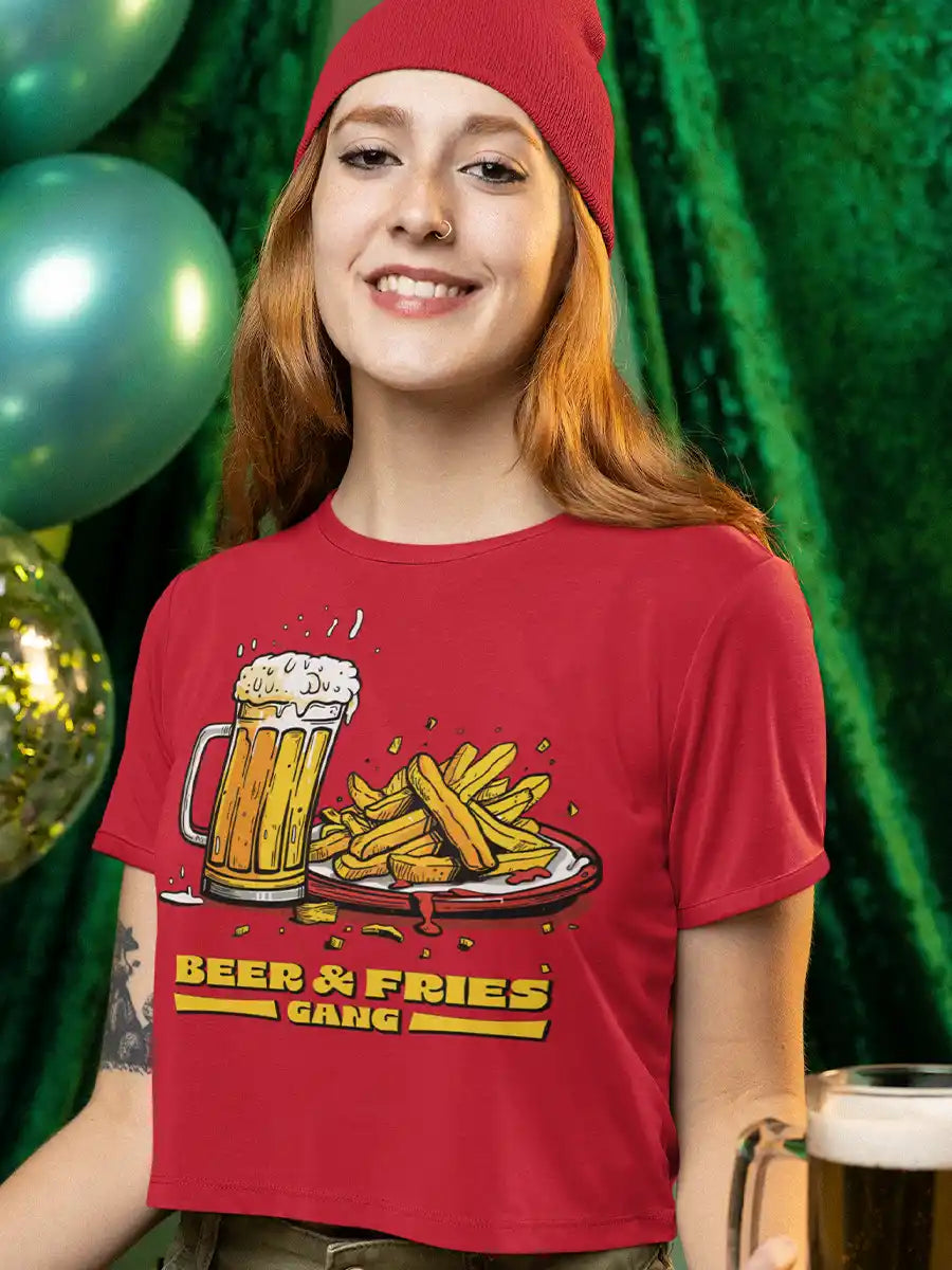 Woman wearing Beer & Fries Gang - Red Cotton Crop top