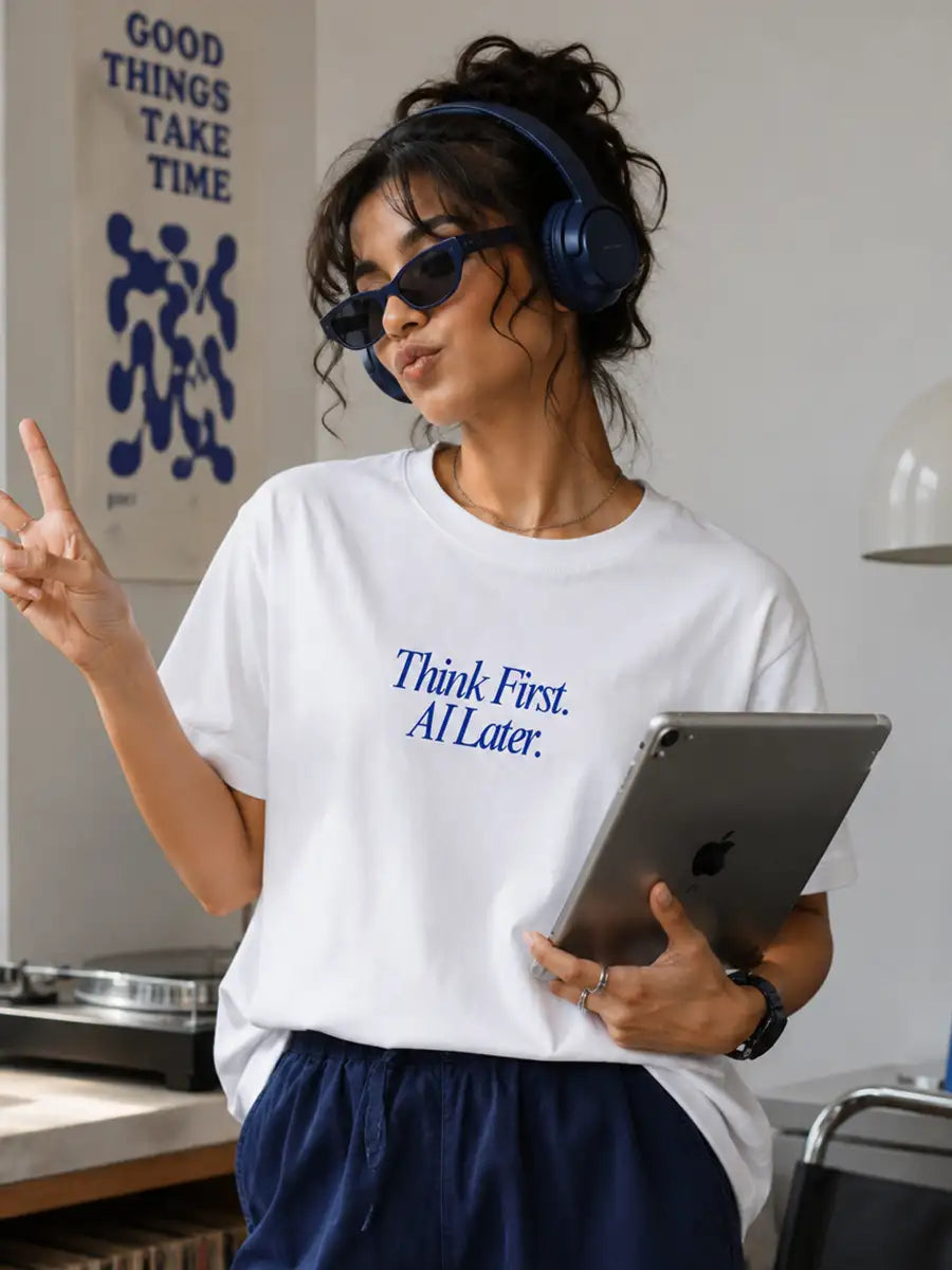 Woman wearing White 'Think first, Ai Later' Cotton Tshirt