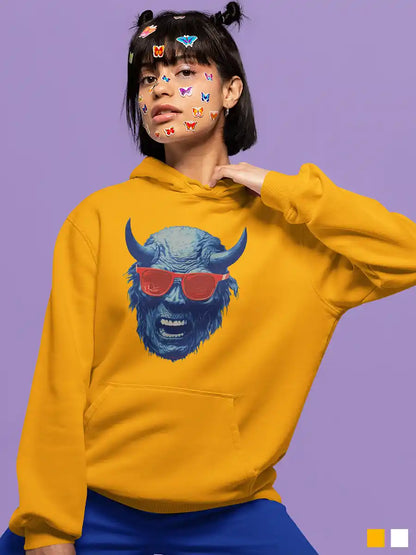 Woman wearing Blue Devil - Golden Yellow Cotton Hoodie