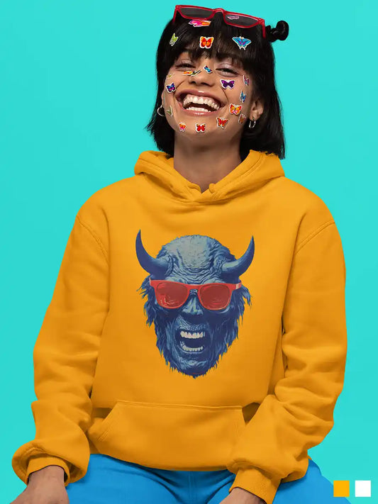 Woman wearing Blue Devil - Golden Yellow Cotton Hoodie