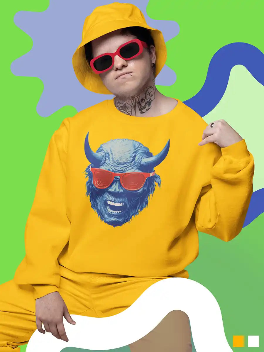 Woman wearing Blue Devil - Golden Yellow Cotton Sweatshirt