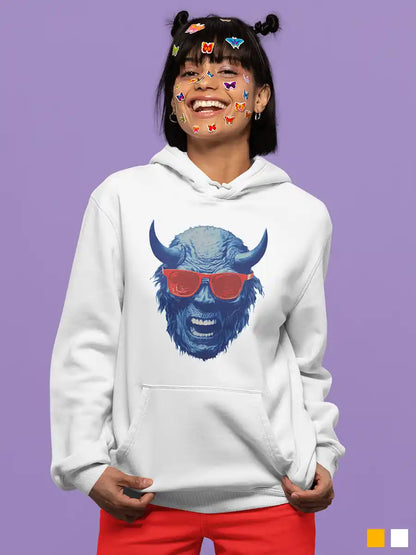 Woman wearing Blue Devil - White Cotton Hoodie