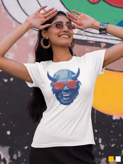 Woman wearing Blue Devil - Women's White Cotton T-Shirt 1