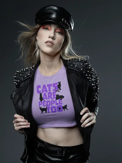 Woman wearing Cats are people too - Iris Lavender Cotton Crop Top