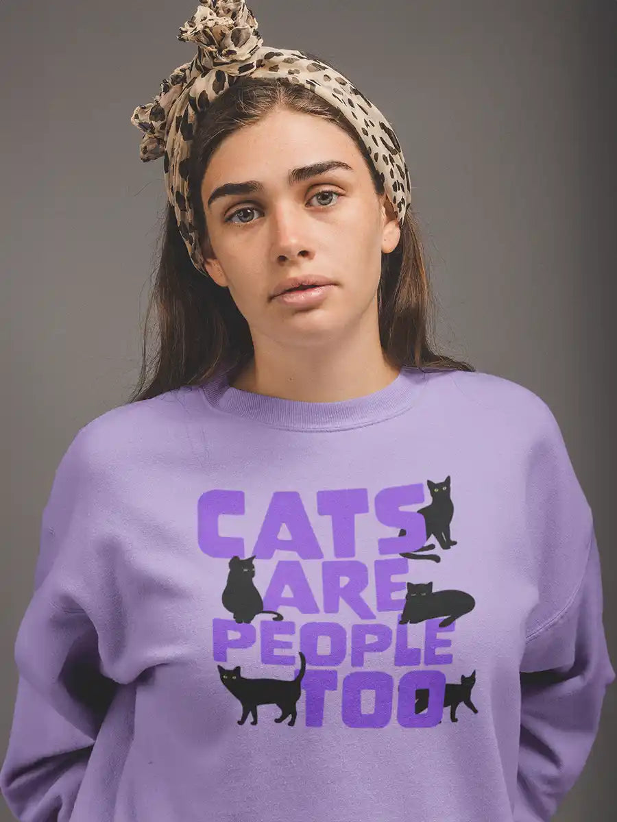 Woman wearing Cats are people too - Iris Lavender Cotton Sweatshirt