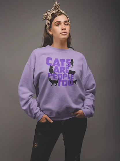 Woman wearing Cats are people too - Iris Lavender Cotton Sweatshirt