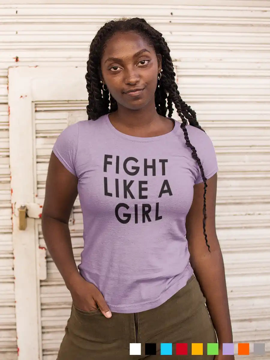 Woman wearing Fight Like a Girl -Iris Lavender - Women's cotton T-Shirt