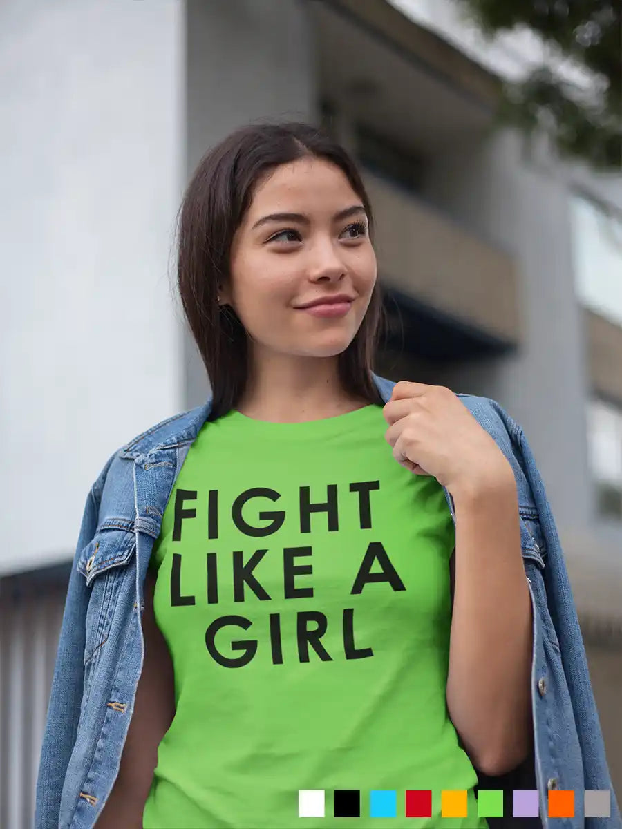 Woman wearing Fight Like a Girl -Liril Green- Women's cotton T-Shirt