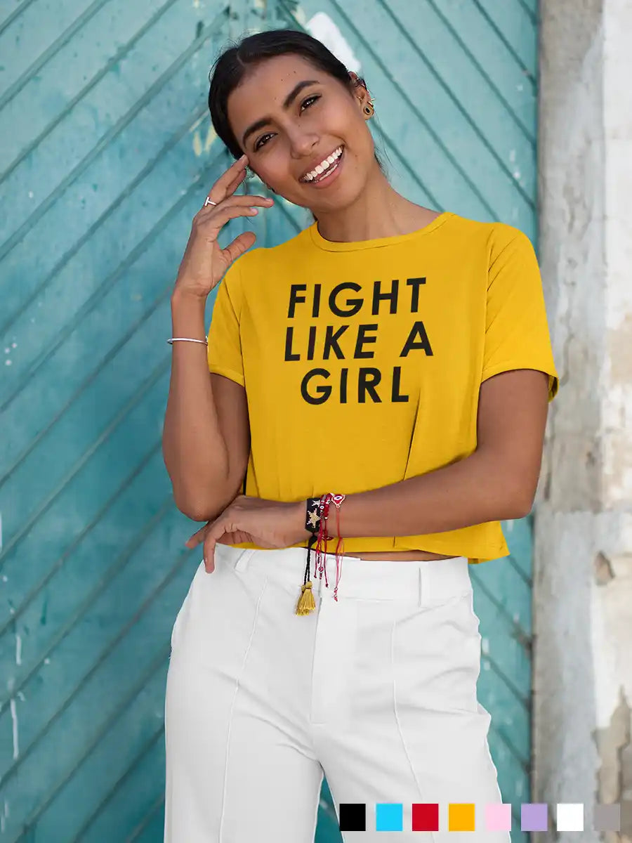 Woman wearing  Fight like a Girl - Golden Yellow - Cotton crop top