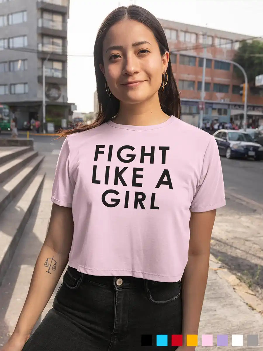 Woman wearing  Fight like a Girl - Light Pink - Cotton crop top