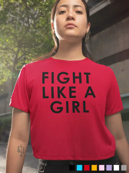 Woman wearing  Fight like a Girl - Red - Cotton crop top