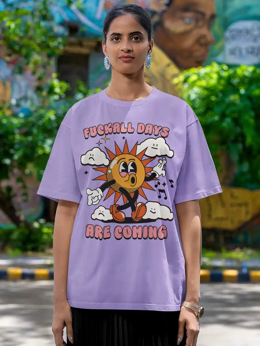 Woman wearing Fuckall Days are Coming - Iris Lavender - Oversized Cotton T-Shirt