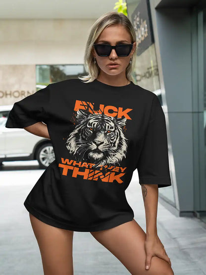 Woman wearing Fuck what they think - Black Oversized Cotton T-Shirt