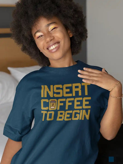 Woman wearing Insert Coffee to Begin -  Navy Blue Oversized Cotton T-Shirt