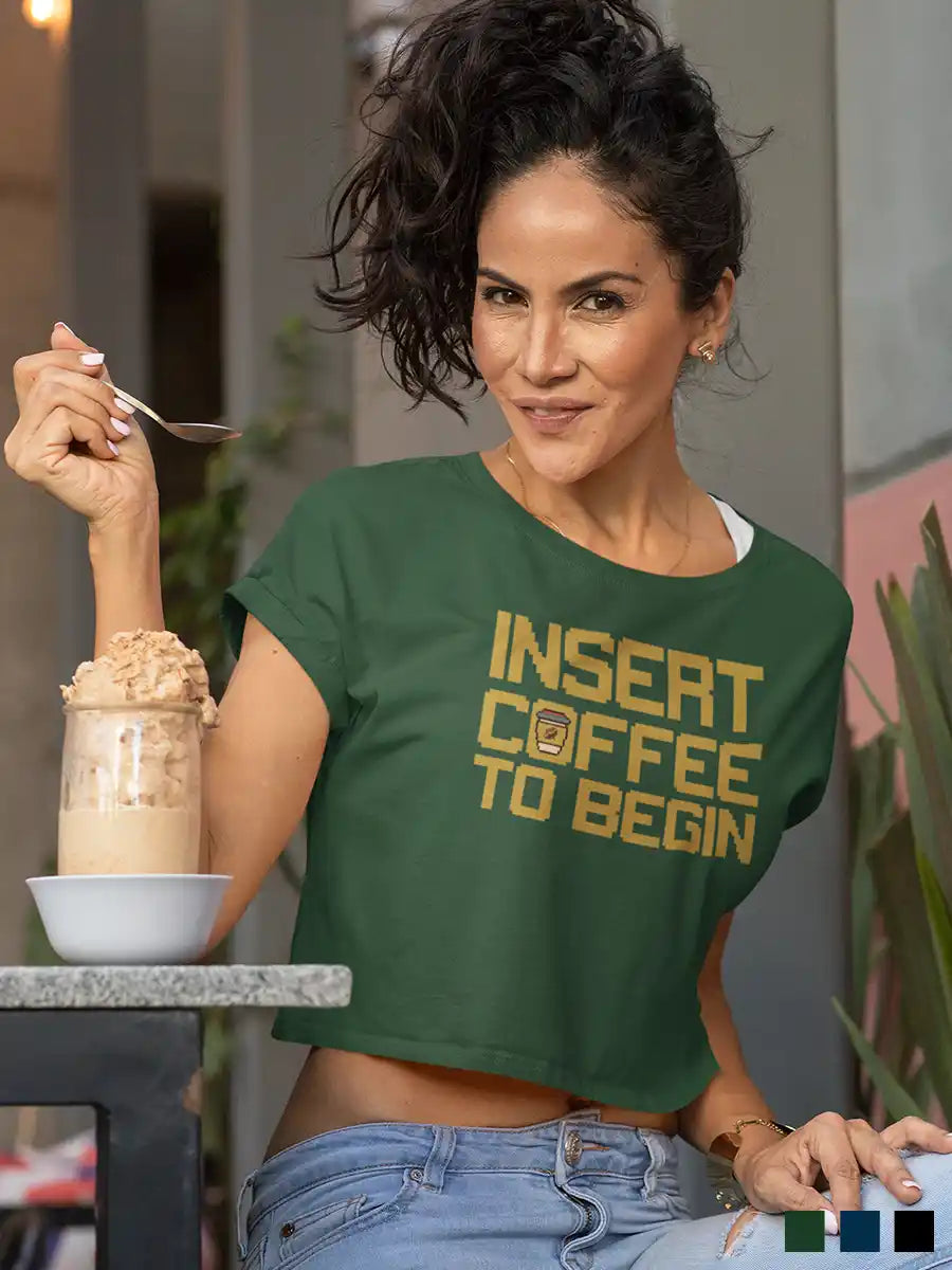 Woman wearing Insert Coffee to Begin - Olive Green Cotton Crop Top