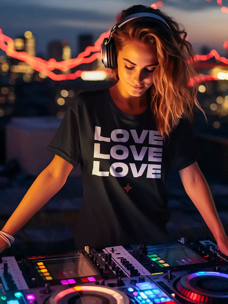 Woman wearing LOVE LOVE LOVE - Women's Black Cotton T-Shirt