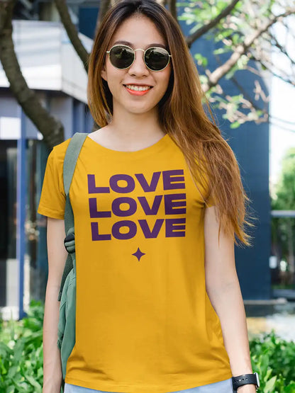 Woman wearing LOVE LOVE LOVE - Women's Golden Yellow Cotton T-Shirt