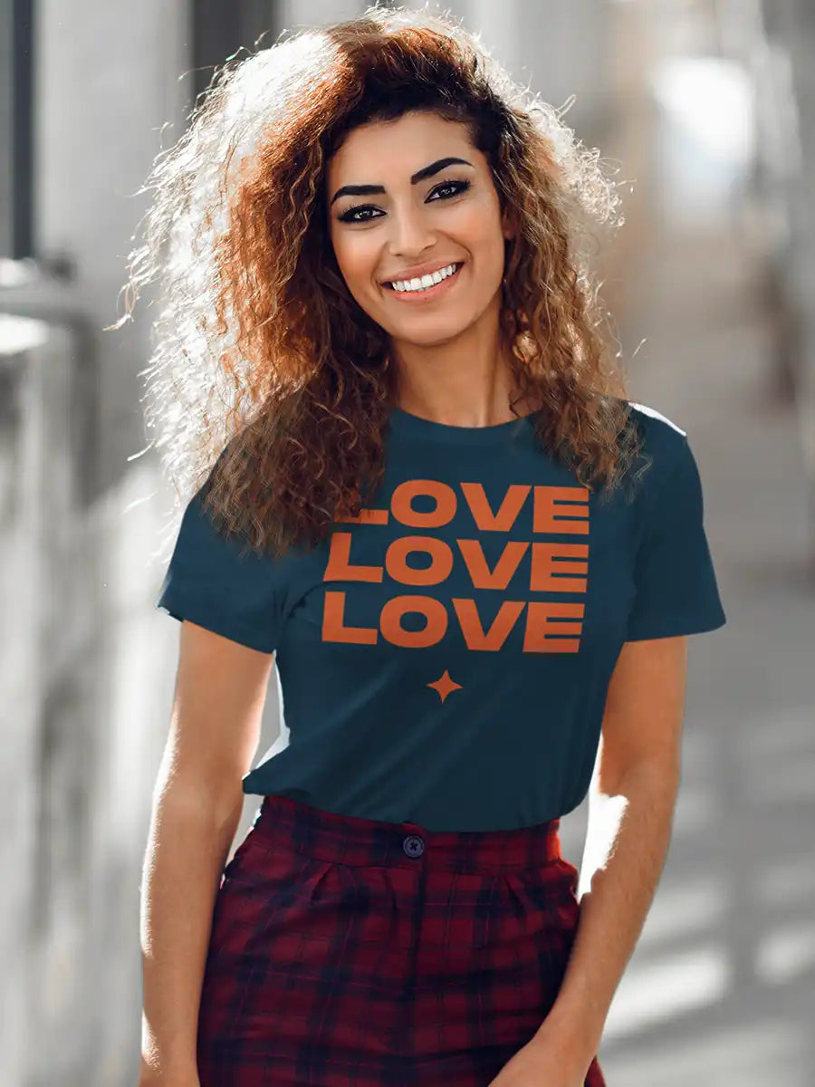 Woman wearing LOVE LOVE LOVE - Women's Navy Blue Cotton T-Shirt