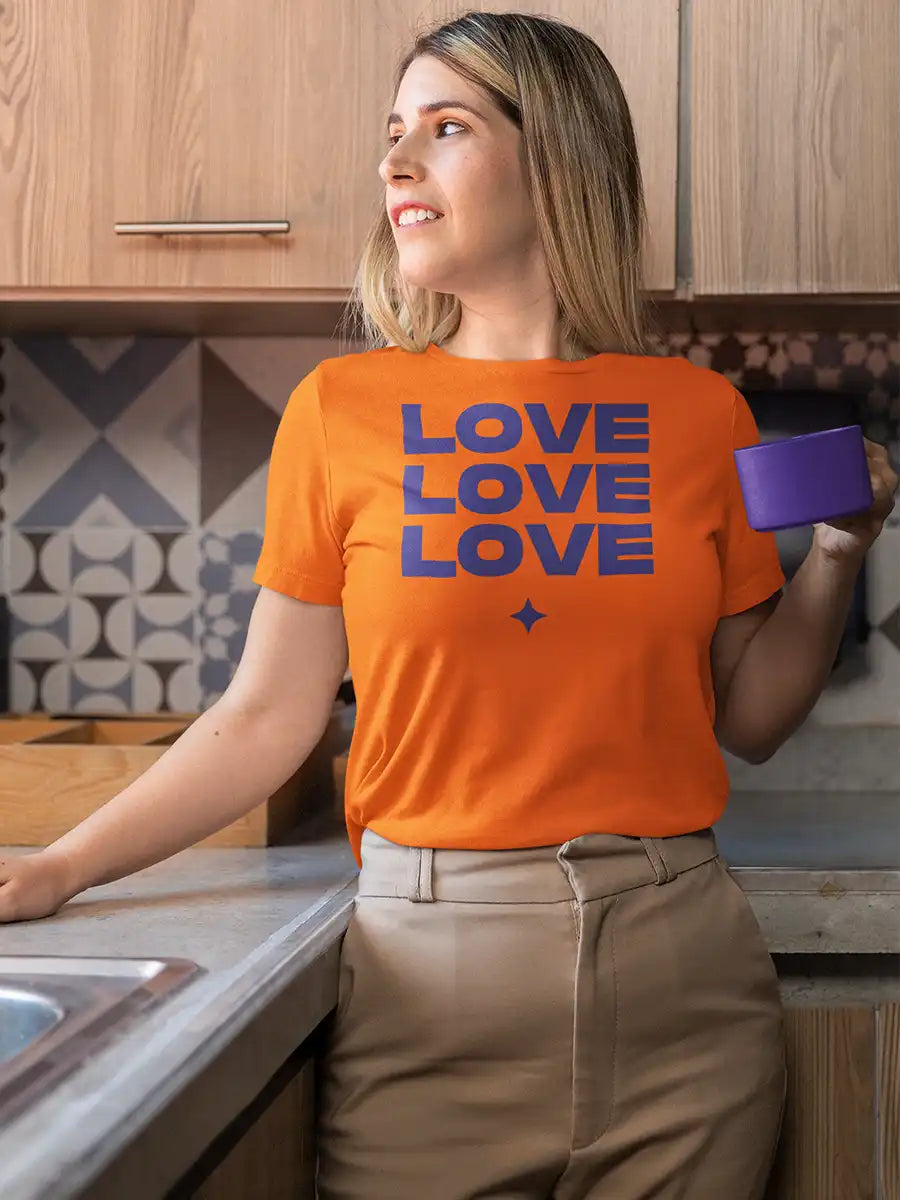 Woman wearing LOVE LOVE LOVE - Women's Orange Cotton T-Shirt