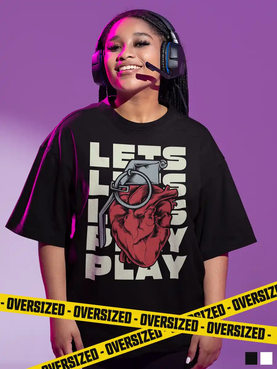 Woman wearing Lets play - Black Oversized Cotton T-Shirt