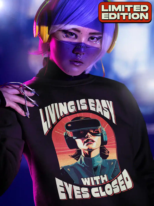 Woman wearing Living is EASY with eyes Closed - Black Cotton Sweatshirt