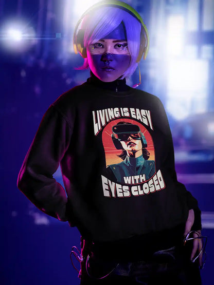 Woman wearing Living is EASY with eyes Closed - Black Cotton Sweatshirt