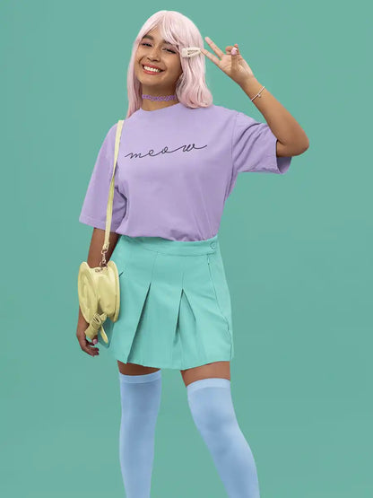 Woman wearing Meow - Iris Lavender - Oversized Cotton T-Shirt
