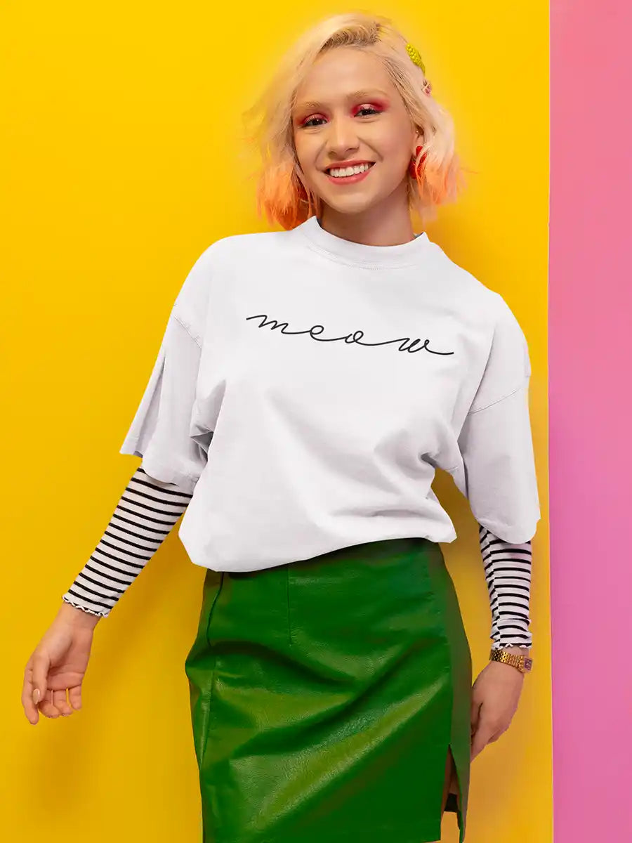 Woman wearing Meow - White - Oversized Cotton T-Shirt