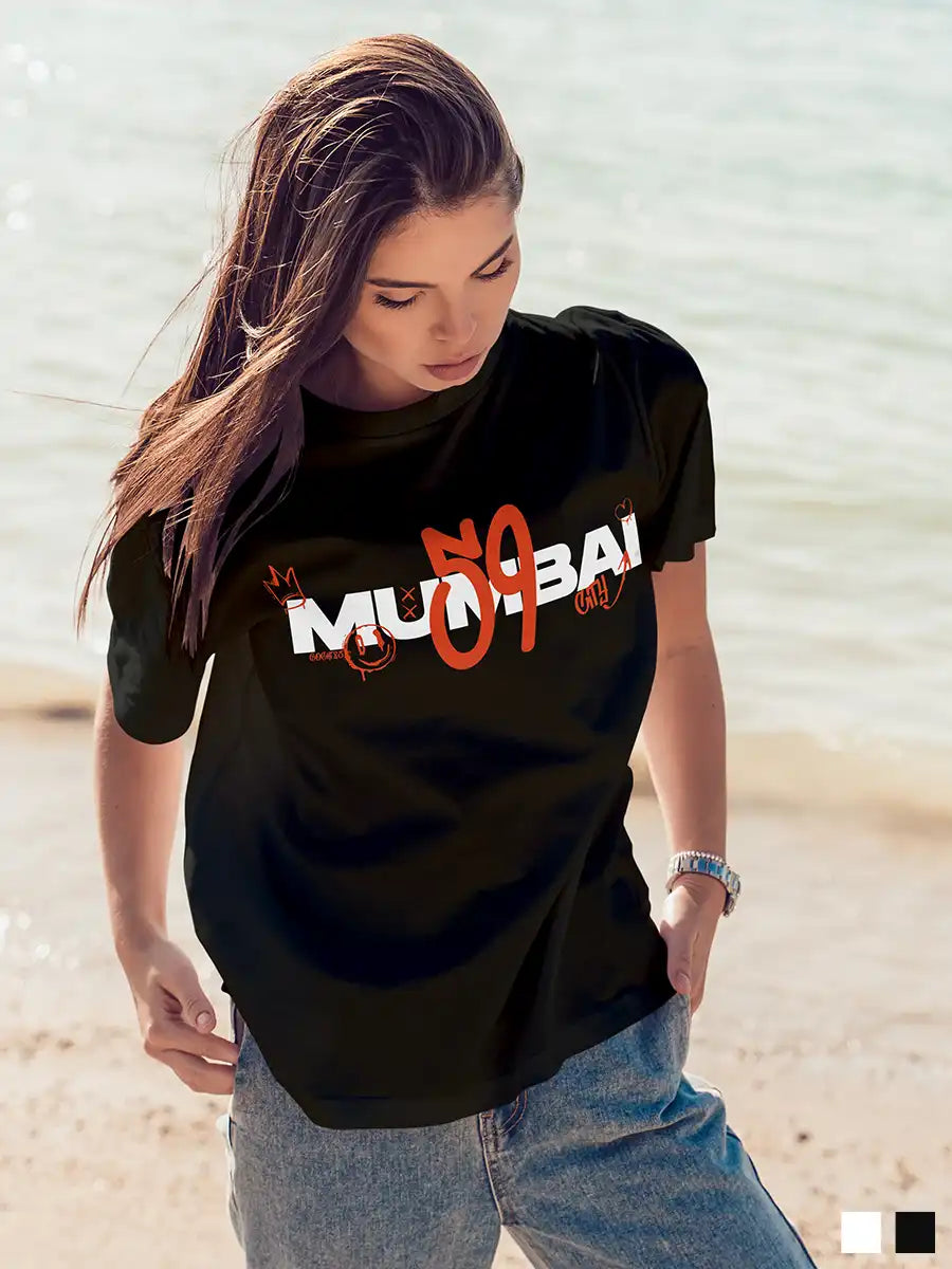Woman wearing Mumbai 59 - Graffiti - Black Oversized T-Shirt