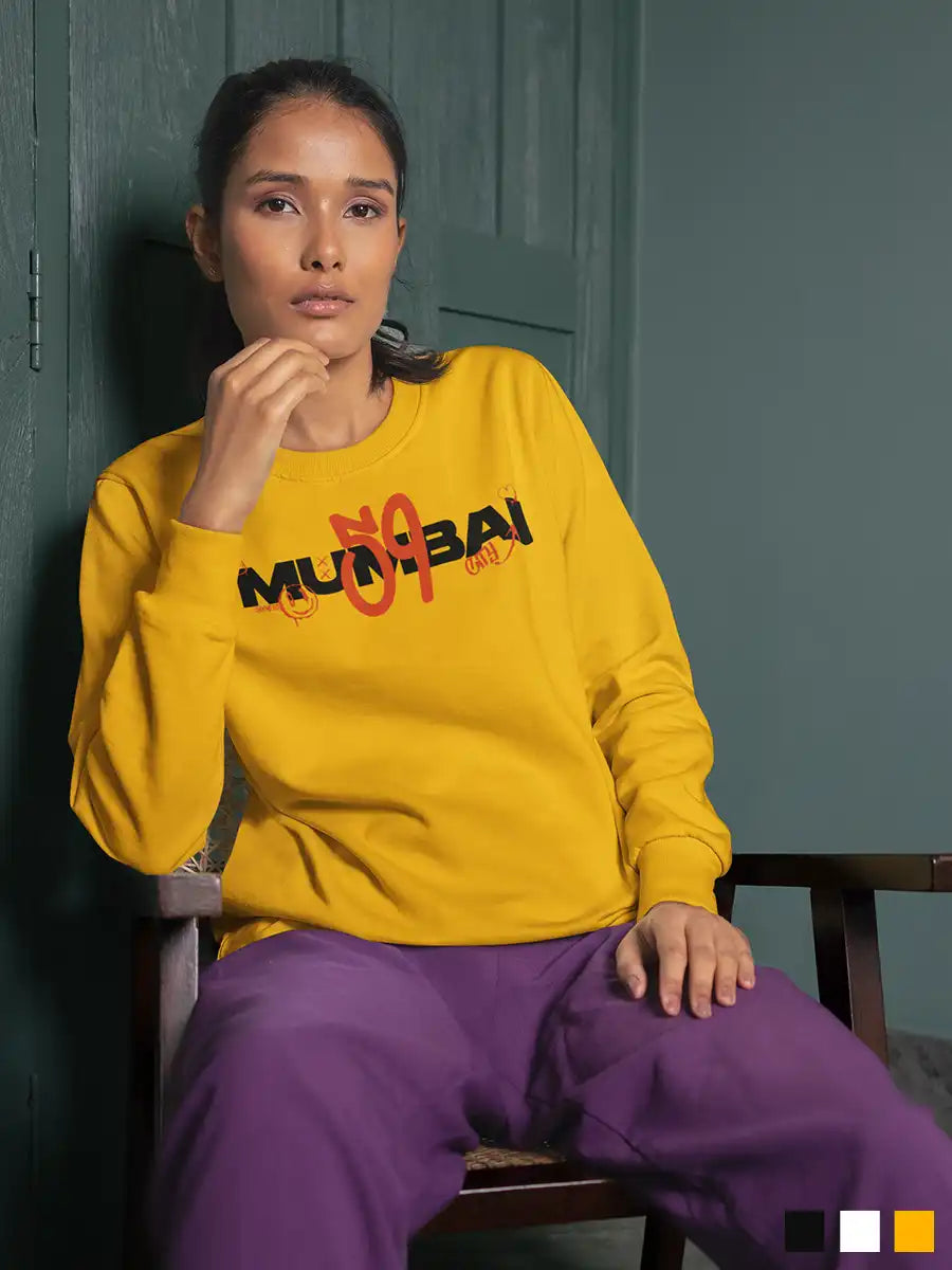 Woman wearing Mumbai 59 - Graffiti - Golden Yellow Sweatshirt