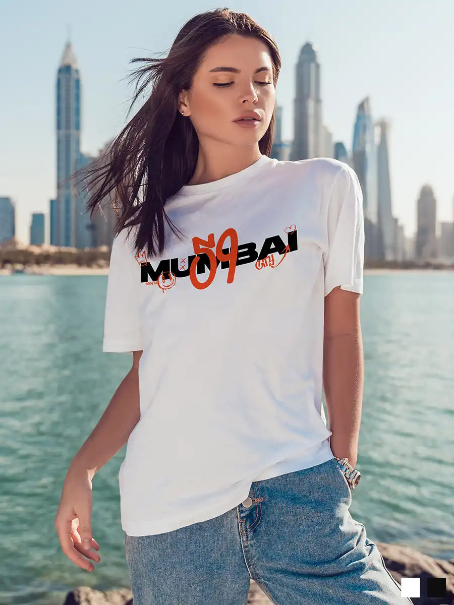 Woman wearing Mumbai 59 - Graffiti - White Oversized T-Shirt