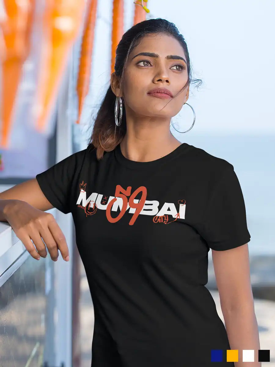 Woman wearing Mumbai 59 - Graffiti - Women's Black Cotton T-Shirt