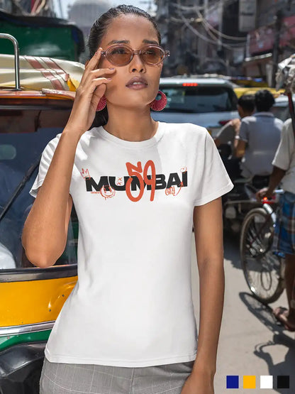 Woman wearing Mumbai 59 - Graffiti - Women's White Cotton T-Shirt