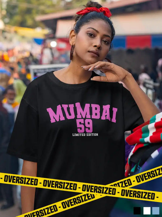 Woman wearing Mumbai 59 - Limited Edition - Oversized Black Cotton T-Shirt
