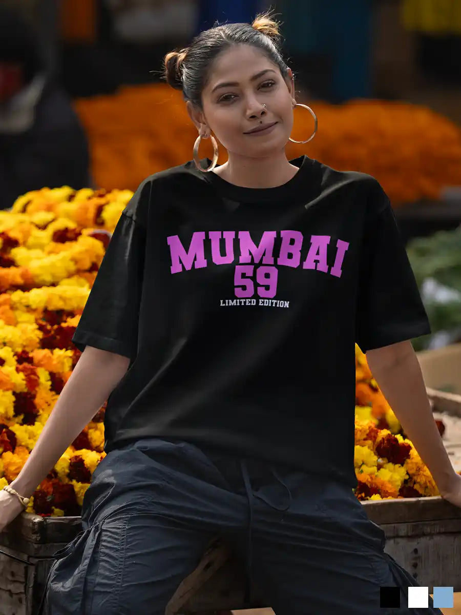 Woman wearing Mumbai 59 - Limited Edition - Oversized Black Cotton T-Shirt