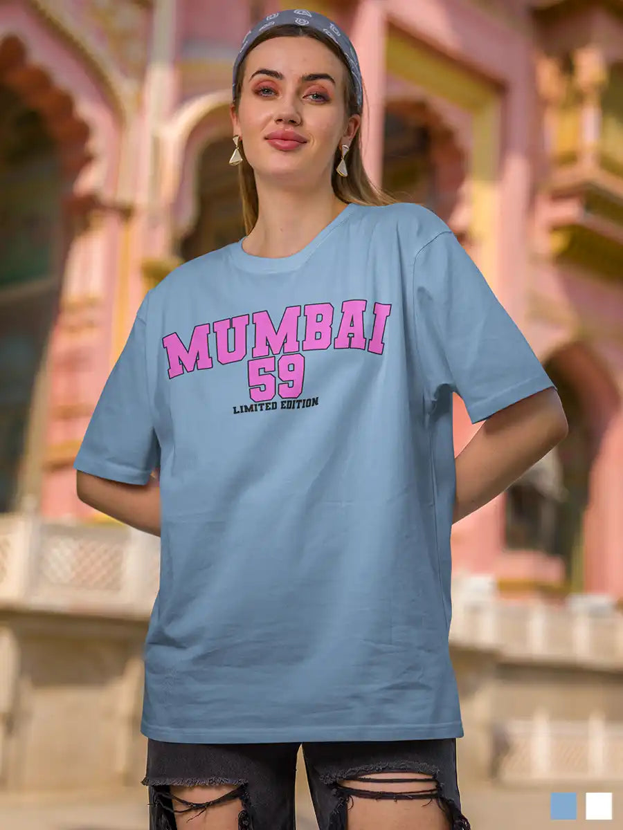 Woman wearing Mumbai 59 - Limited Edition - Baby Blue Oversized Cotton T-Shirt 