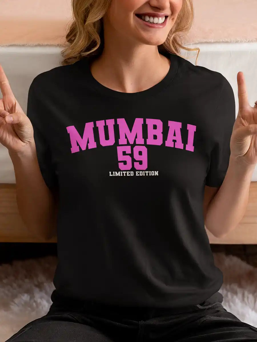Woman wearing Mumbai 59 - Limited Edition - Women's Cotton Black T-Shirt