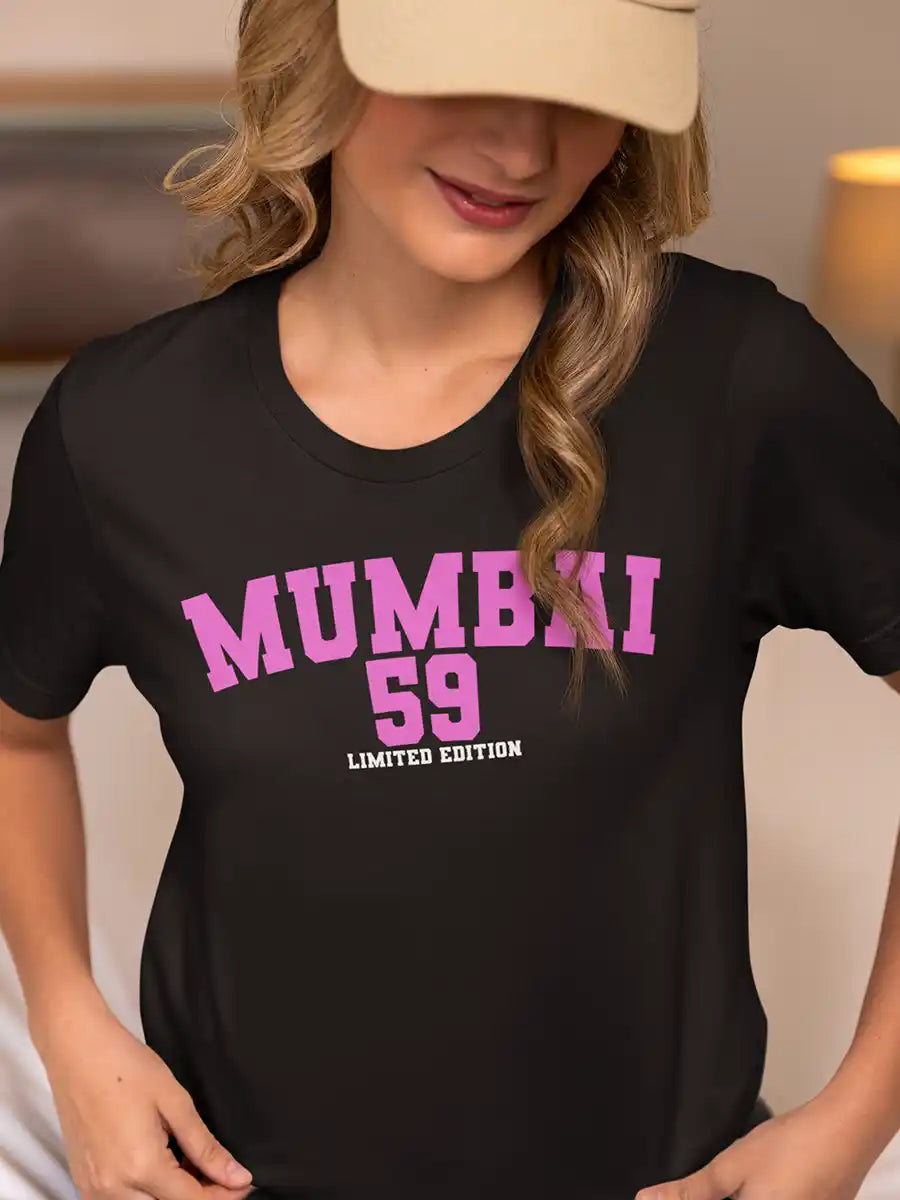 Woman wearing Mumbai 59 - Limited Edition - Women's Cotton Black T-Shirt