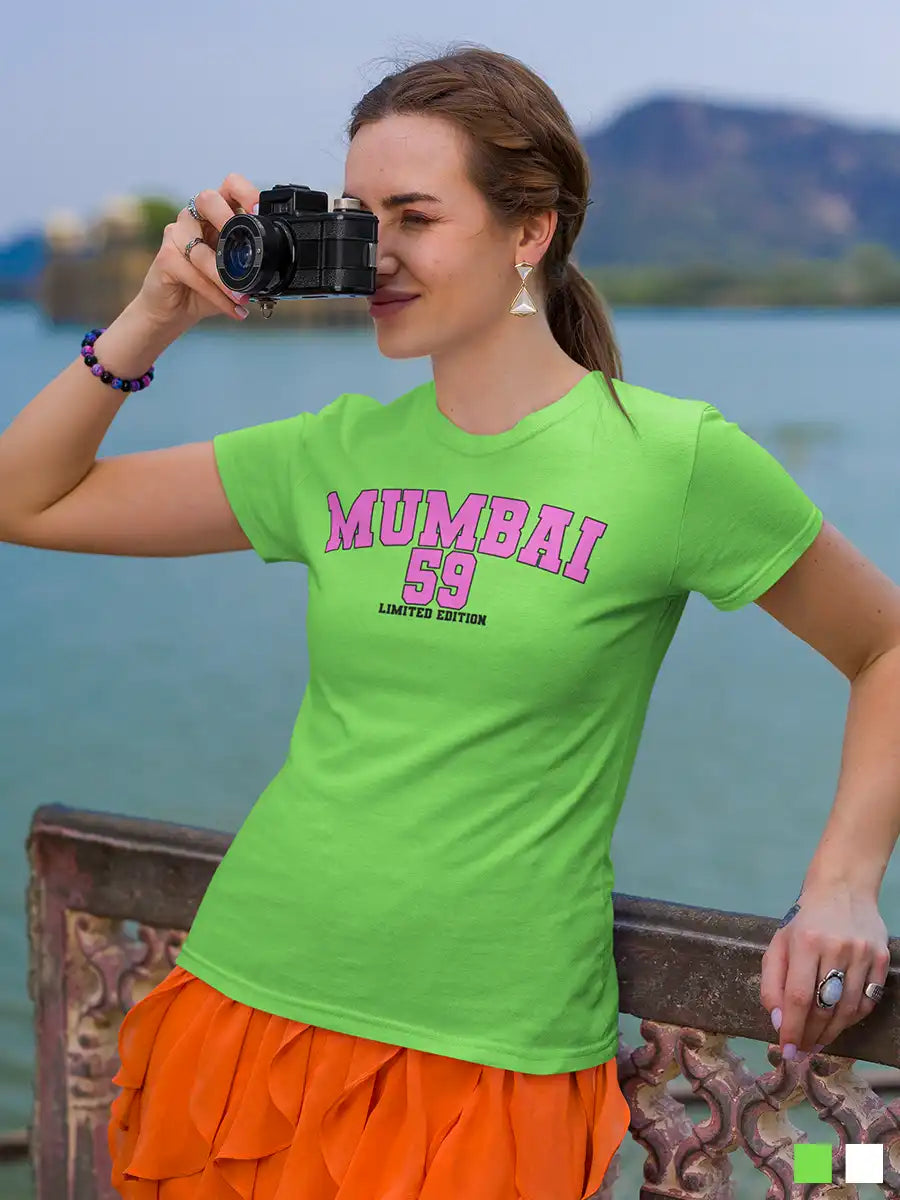 Woman wearing Mumbai 59 - Limited Edition - women's Cotton Liril Green T-Shirt