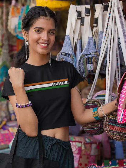 Woman wearing Mumbai Indian Stripes - Black Cotton Crop Top
