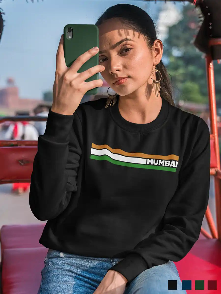 Woman wearing Mumbai Indian Stripes - Black Cotton Sweatshirt