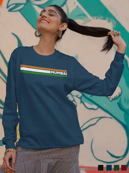 Woman wearing Mumbai Indian Stripes - Navy Blue Cotton Sweatshirt