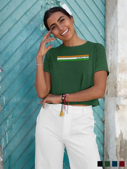Woman wearing Mumbai Indian Stripes - Olive Green Cotton Crop Top