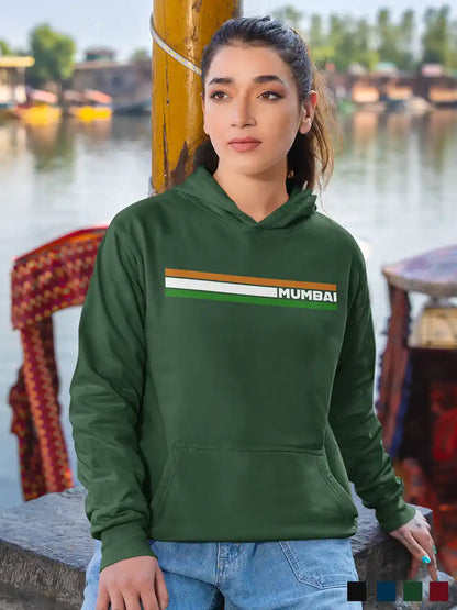 Woman wearing Mumbai Indian Stripes - Olive Green Cotton Hoodie