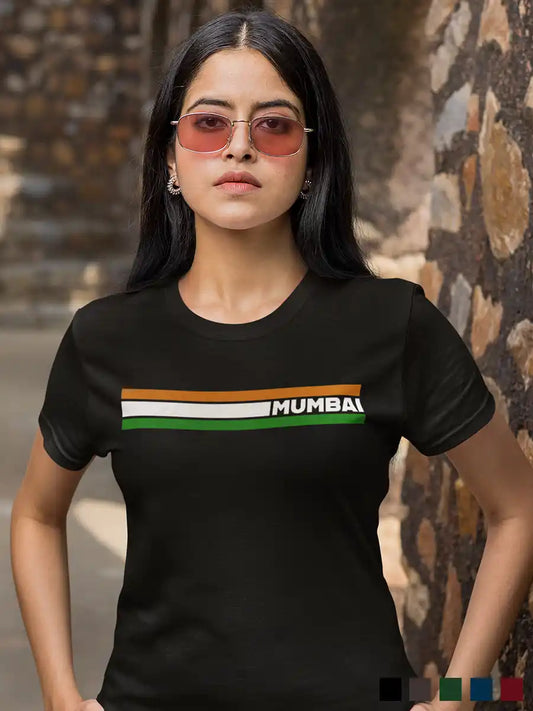Woman wearing Mumbai Indian Stripes - Women's Black Cotton T-Shirt