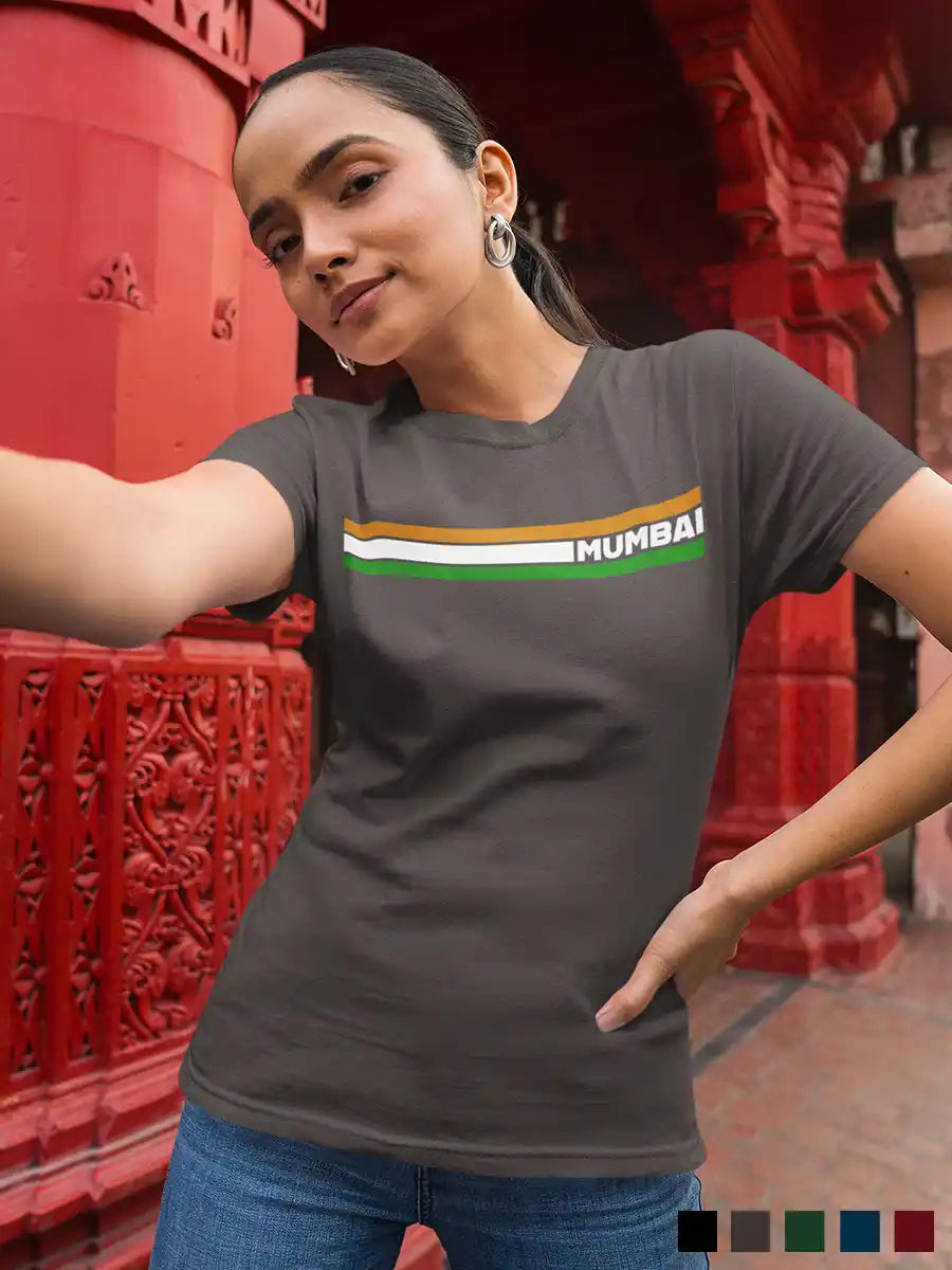 Woman wearing Mumbai Indian Stripes - Women's Charcoal Grey Cotton T-Shirt
